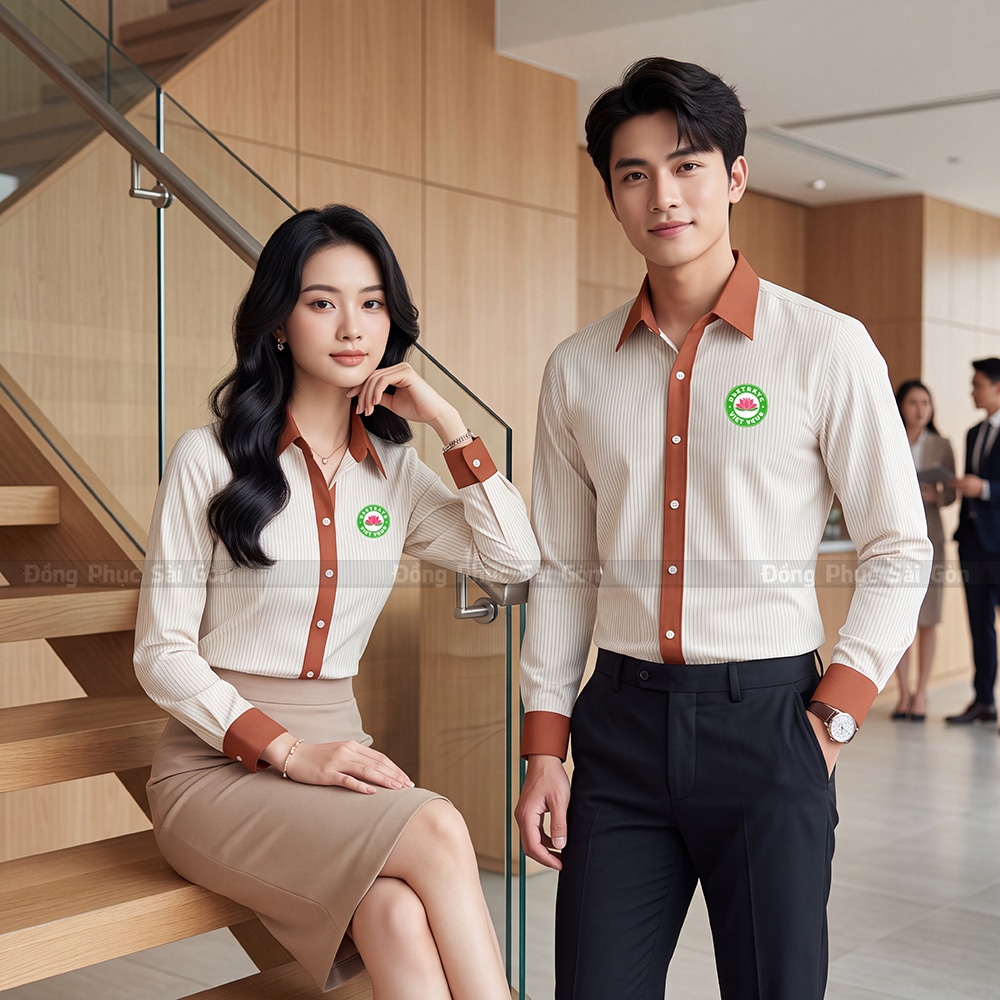 Mẫu áo đồng phục công sở màu trắng phối nâu thanh lịch 4