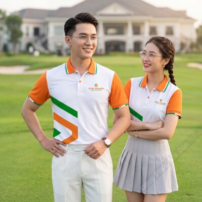 Mẫu áo đồng phục đẹp in chuyển nhiệt màu trắng phối màu 1