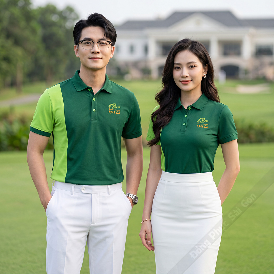 Mẫu áo polo đồng phục Ẩm Thực Mái Lá màu xanh lá 1