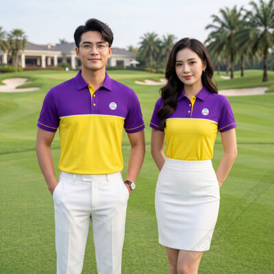 Mẫu áo polo đồng phục đẹp màu vàng phối tím nổi bật 1