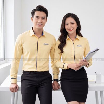 Mẫu áo sơ mi đồng phục Vinataxi màu vàng phối xanh than 1