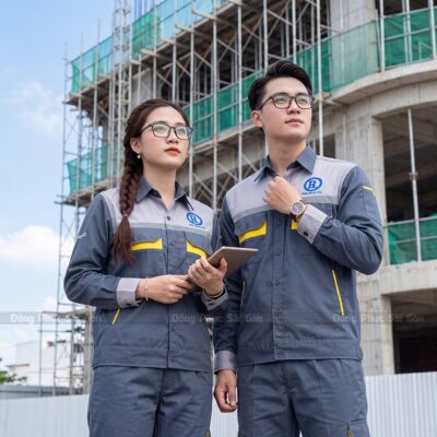 May áo công nhân giá rẻ màu xám phối vàng hiện đại 1