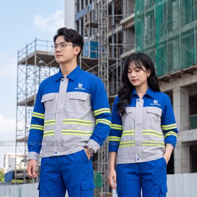 May áo công nhân màu xám phối xanh bích có phản quang 1