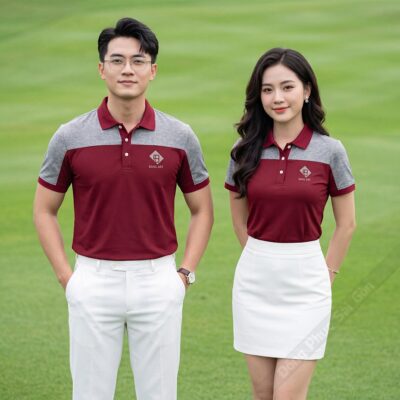 May áo thun công ty Bang ART màu đỏ đô phối xám 1