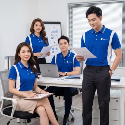 May áo thun đồng phục công ty VNPT màu bích phối trắng 1