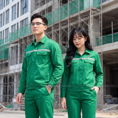 May đồng phục bảo hộ màu xanh lá phối phản quang 1