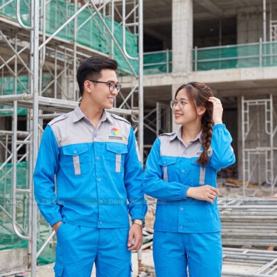 May đồng phục công nhân màu xanh dương phối xám giá rẻ 1