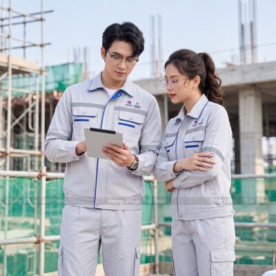 Quần áo bảo hộ lao động màu xám phối viền xanh cao cấp 1