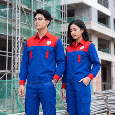Quần áo công nhân giá cực rẻ màu xanh bích phối đỏ 1
