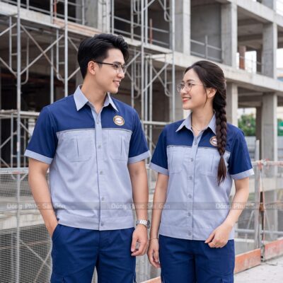 Quần áo công nhân tay ngắn logo in pet đẹp 1