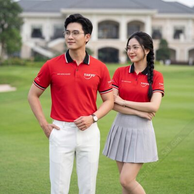 Sản xuất áo thun đồng phục màu đỏ logo in 1