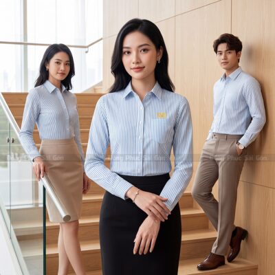 Sơ mi đồng phục công sở kẻ sọc xanh hiện đại 1