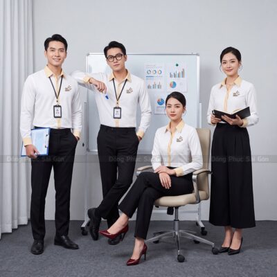 Sơ mi đồng phục màu trắng phối vàng thanh lịch 1