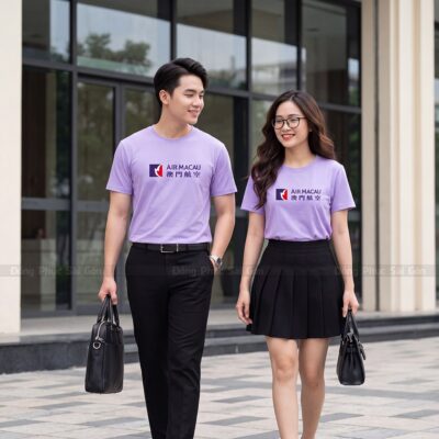 Áo thun cổ tròn có sẵn màu tím in logo theo yêu cầu 2