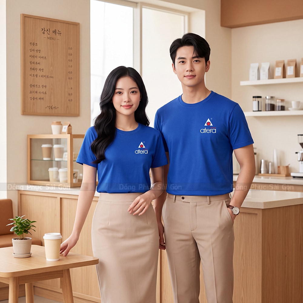 Đồng phục áo thun cổ tròn màu xanh may sẵn đẹp 3
