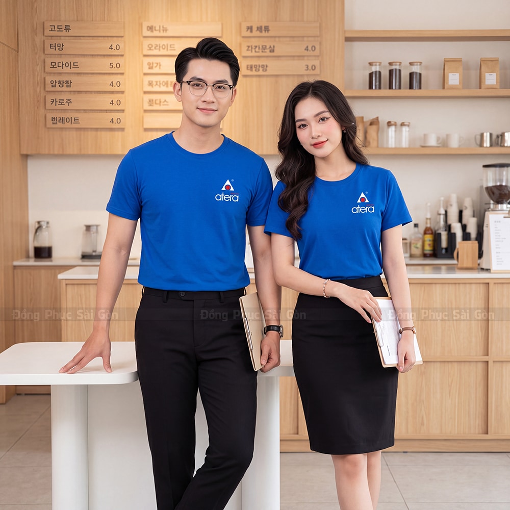 Đồng phục áo thun cổ tròn màu xanh may sẵn đẹp 5