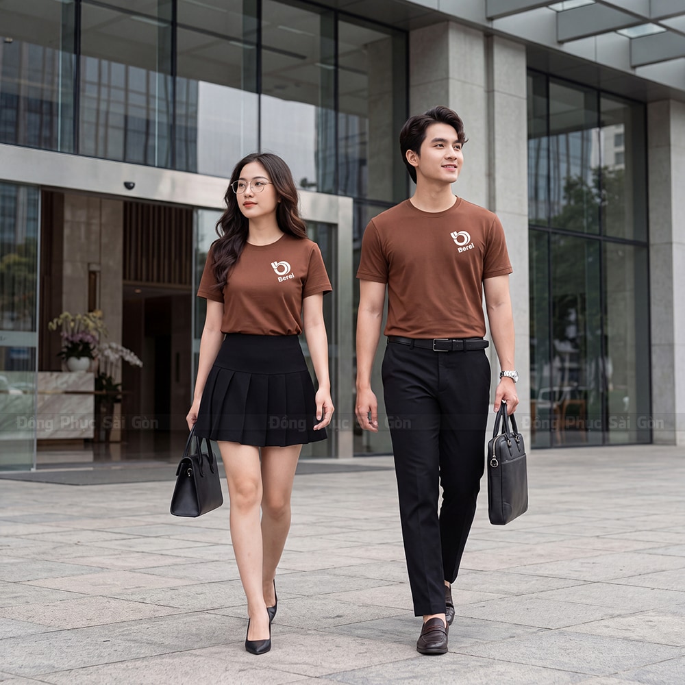 Đồng phục áo thun cổ tròn may sẵn màu nâu 2