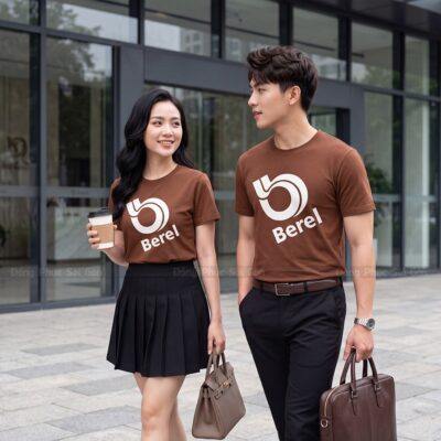 Đồng phục áo thun cổ tròn may sẵn màu nâu 4