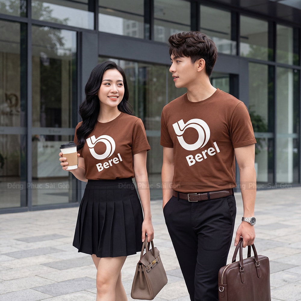 Đồng phục áo thun cổ tròn may sẵn màu nâu 4