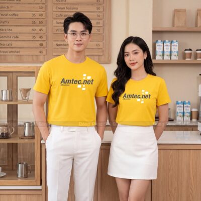 Đồng phục cổ tròn có sẵn màu vàng đủ size nam nữ 1
