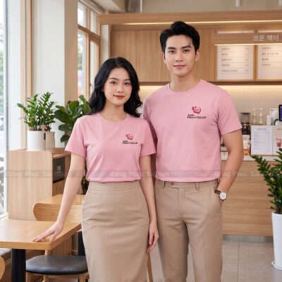 Đồng phục cổ tròn may sẵn màu hồng 2