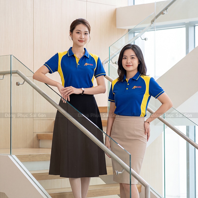 Áo đồng phục đẹp cổ bẻ màu xanh bích phối vàng 1