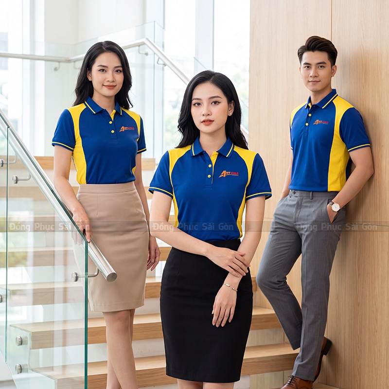 Áo đồng phục đẹp cổ bẻ màu xanh bích phối vàng 3