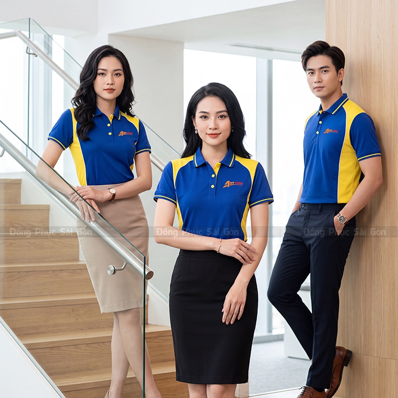 Áo đồng phục đẹp cổ bẻ màu xanh bích phối vàng 4