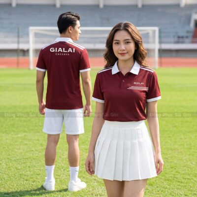 Áo phông đồng phục công ty màu đỏ đô phối trắng 1