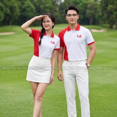 Mẫu áo phông đồng phục công sở màu trắng phối đỏ 1