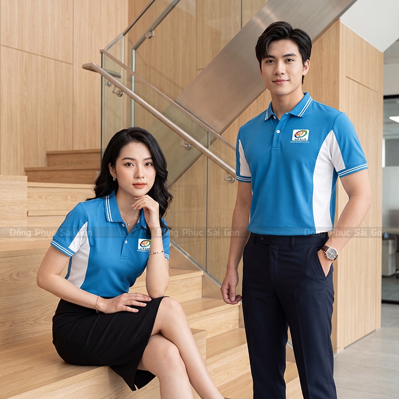 Thiết kế đồng phục đẹp màu xanh biển nhạt phối trắng 4