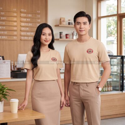 Áo cổ tròn đồng phục may sẵn màu be sản xuất trực tiếp 1
