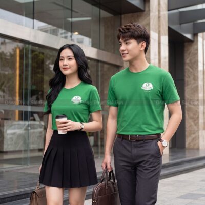 Áo cổ tròn đồng phục may sẵn màu xanh lá may gia công tỉ mỉ 5