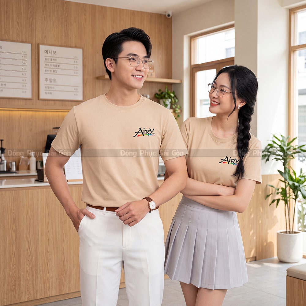 Áo cổ tròn may sẵn màu be vải Cotton 4 chiều mềm mại 1