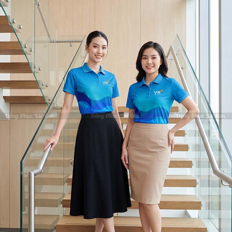 Áo đồng phục công ty đẹp màu xanh dương in logo theo yêu cầu 1