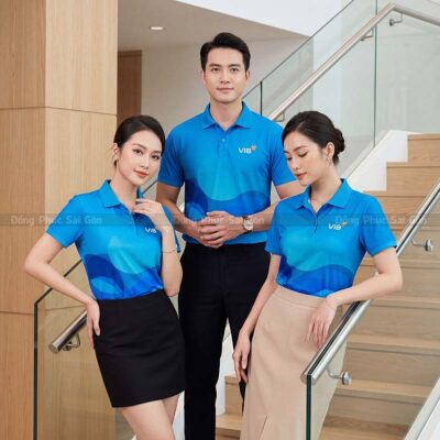 Áo đồng phục công ty đẹp màu xanh dương in logo theo yêu cầu 2