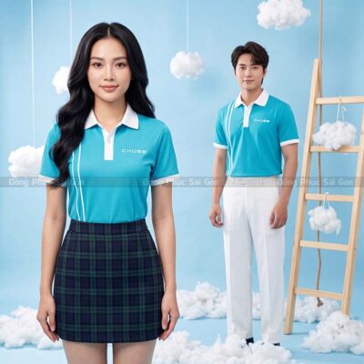 Áo đồng phục công ty đẹp màu xanh ngọc phối cổ trắng 2