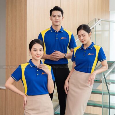 Áo đồng phục đẹp cổ bẻ màu xanh bích phối vàng 2