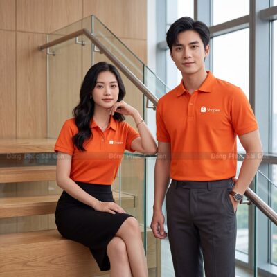 Áo đồng phục may sẵn màu cam in logo theo yêu cầu 1