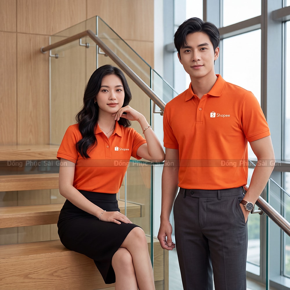 Áo đồng phục may sẵn màu cam in logo theo yêu cầu 1