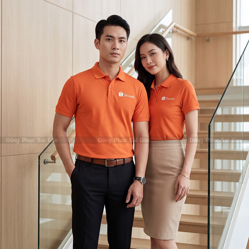Áo đồng phục may sẵn màu cam in logo theo yêu cầu 2