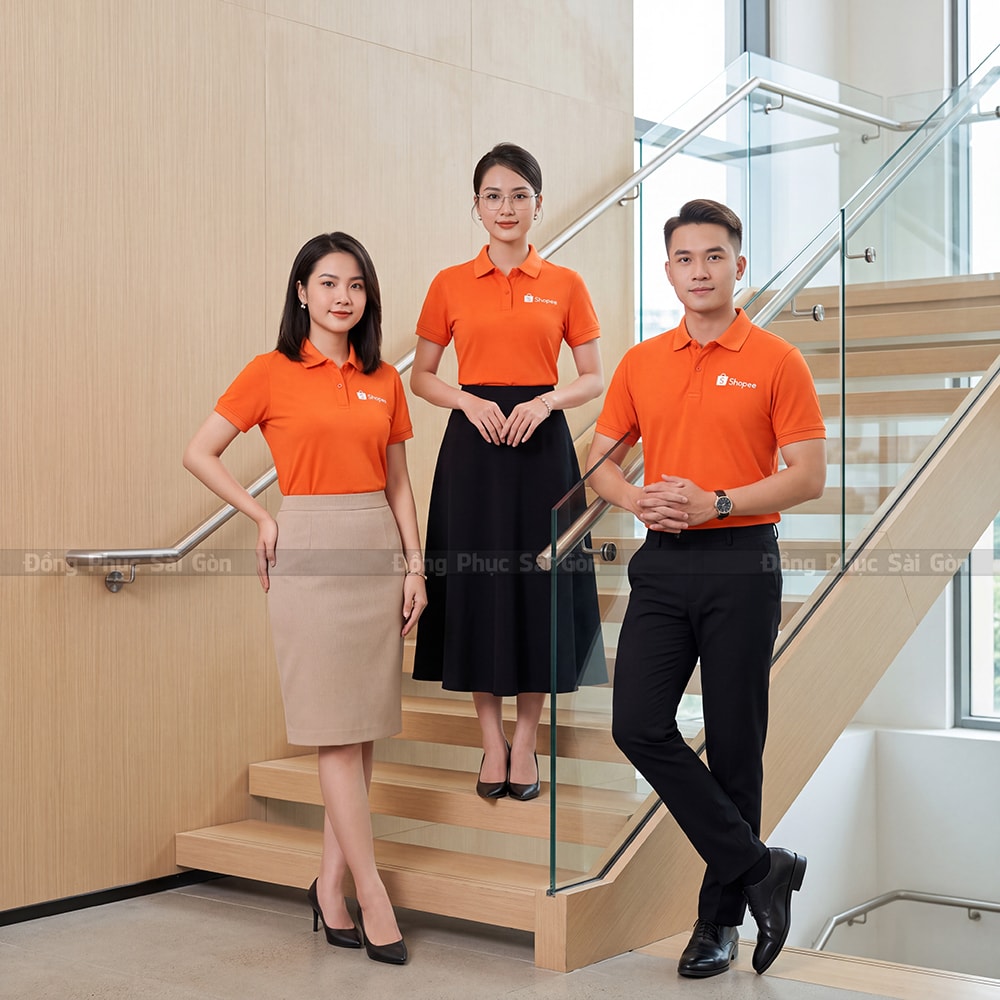 Áo đồng phục may sẵn màu cam in logo theo yêu cầu 5
