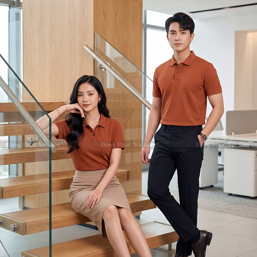 Áo đồng phục polo có cổ có sẵn màu nâu lịch sự 7