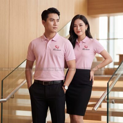 Áo nhóm polo may sẵn màu hồng in logo theo yêu cầu 2