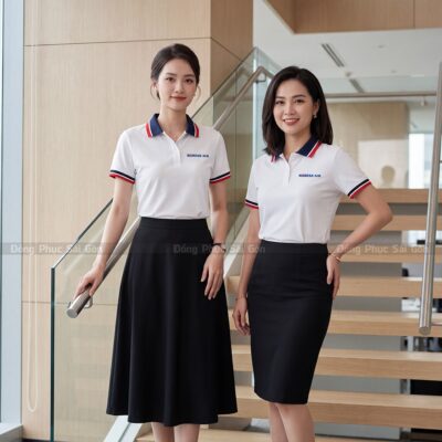 Áo polo ngắn tay đồng phục may sẵn màu trắng phối đỏ 2
