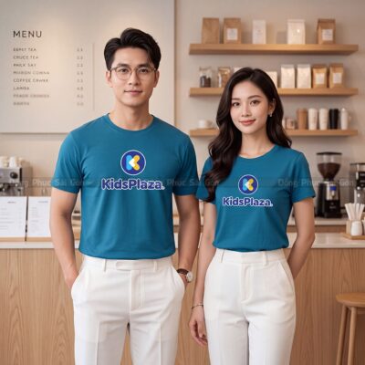 Áo thun cổ tròn may sẵn màu xanh vải Cotton thoáng mát 2