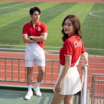 Áo thun đồng phục cty màu đỏ phối trắng 1