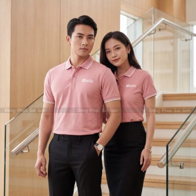Áo thun polo cổ trụ đồng phục có sẵn màu hồng phối trắng 2