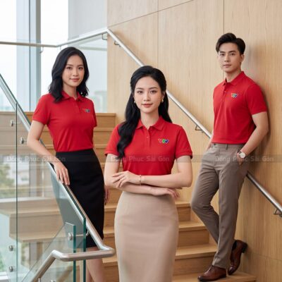 Áo thun polo cổ trụ đồng phục may sẵn màu đỏ 3