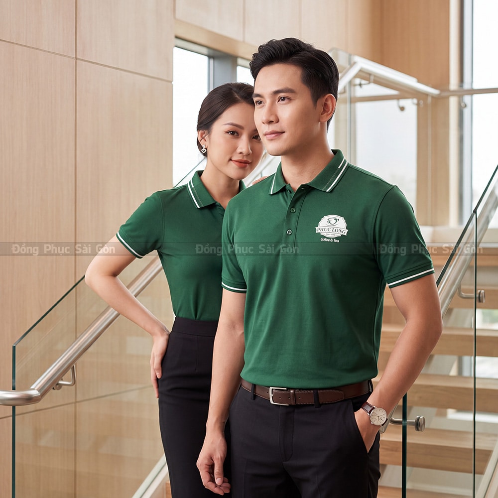 Áo thun polo đồng phục may sẵn màu xanh lá cây đẹp 2